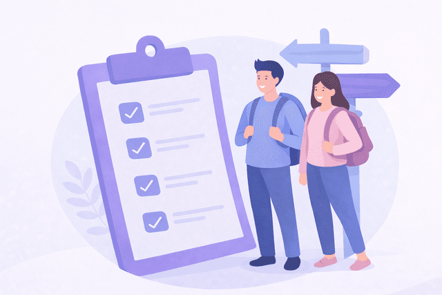 Welcome Illustration showing a person with a clipboard and signposts